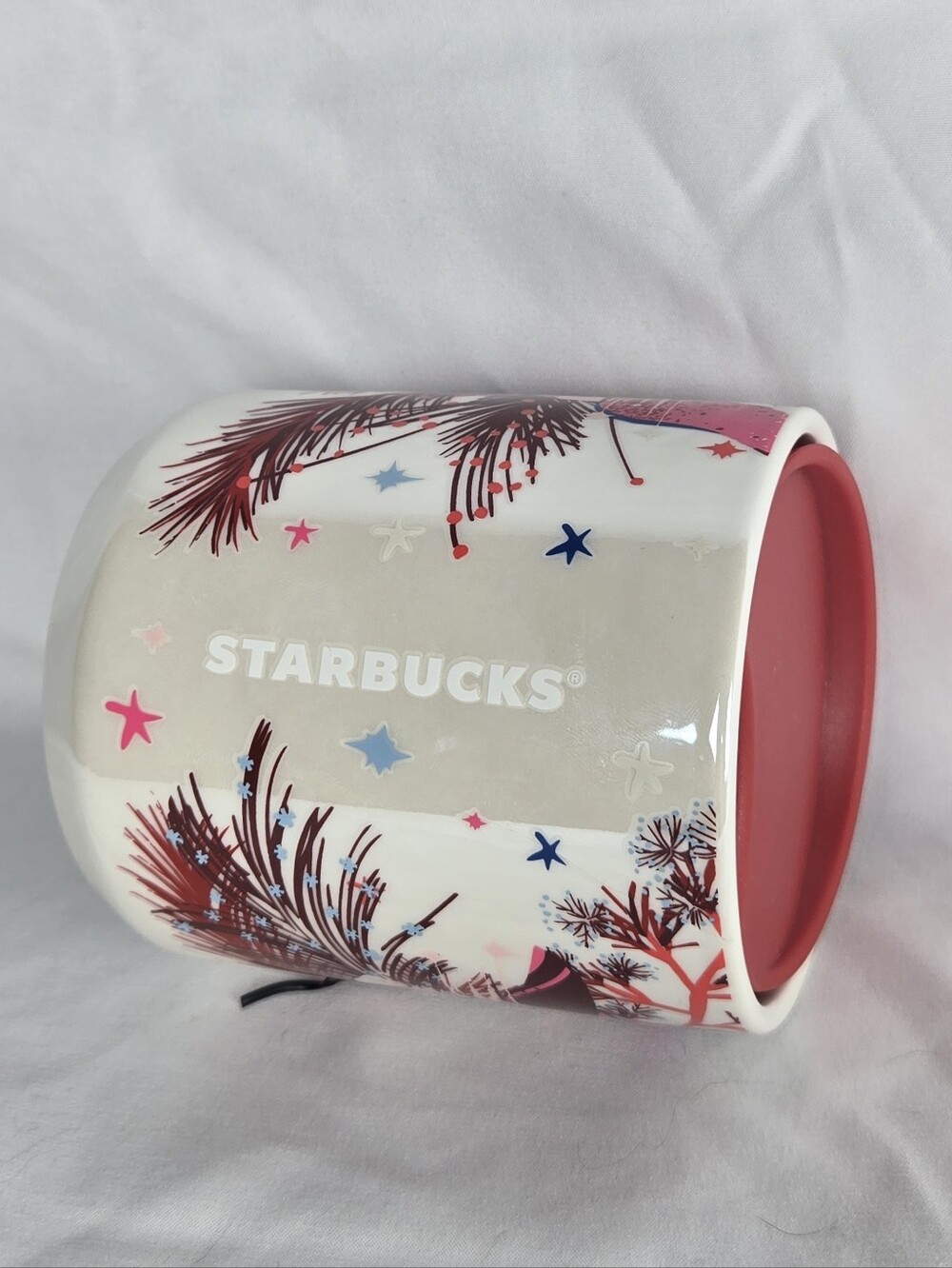 Starbucks 2023 Holiday Ceramic Travel Mug Tumbler Pink Floral Pine 8 oz / 237 ml